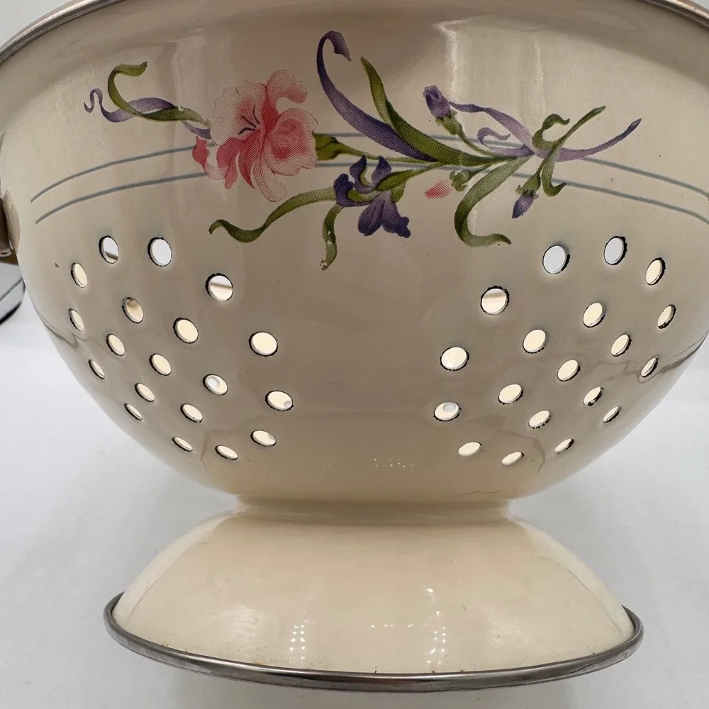 Vintage Enamel Floral Colander Cream Pedestal Strainer Brass Handles Floral Bowl